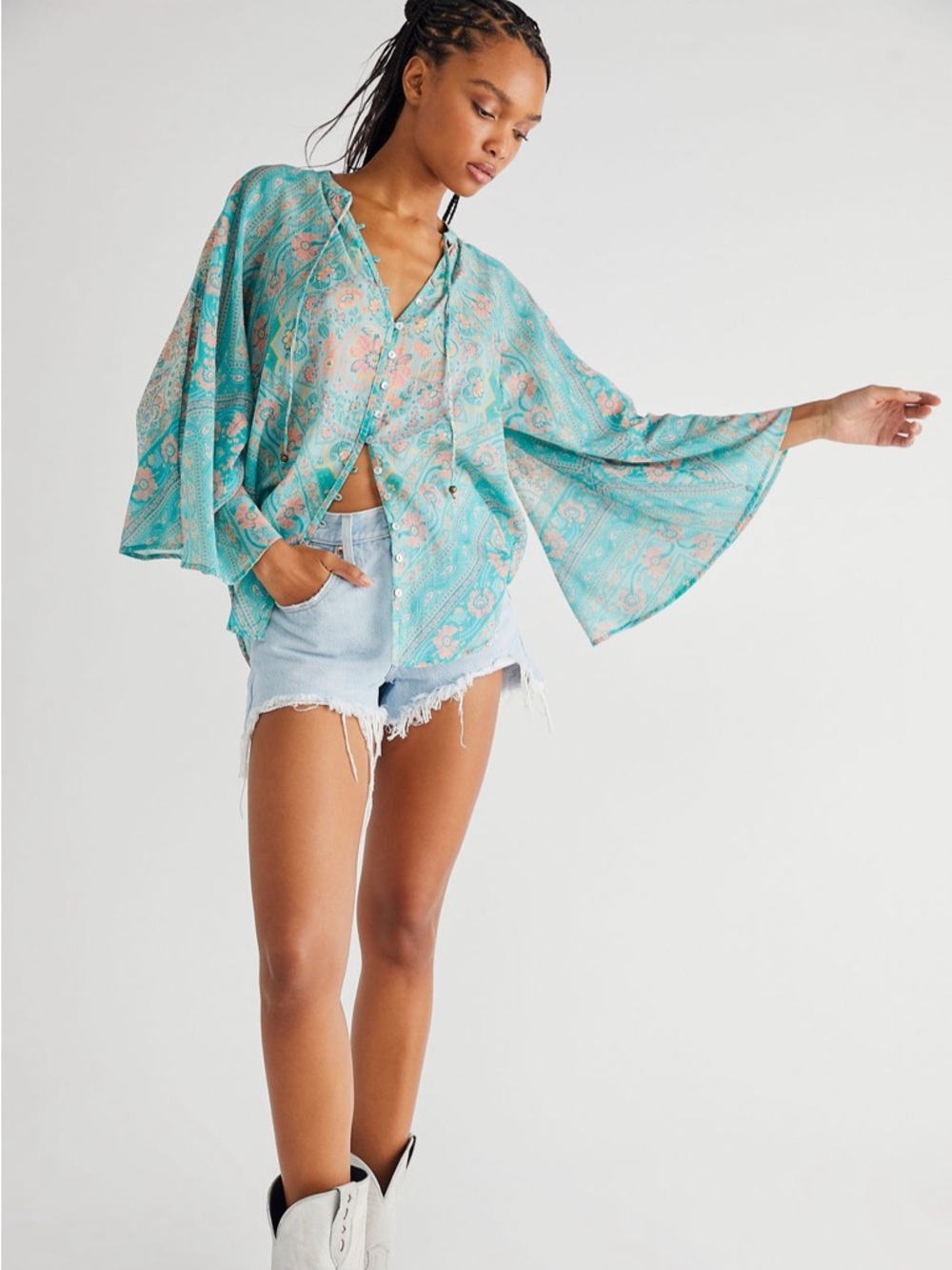 Spell Teal Floral Paisley Tie-Neck Farrah Blouse